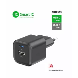 SWISSTEN ADAPTER ZA NAPAJANJE 12W 1x USB-C + 1x USB-A CRNI