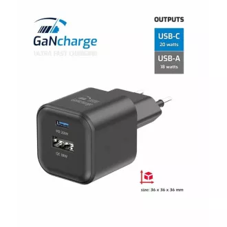 SWISSTEN MREŽNI ADAPTER GaN 1x USB-C 20W PD + 1x USB-A 18W QC CRNI