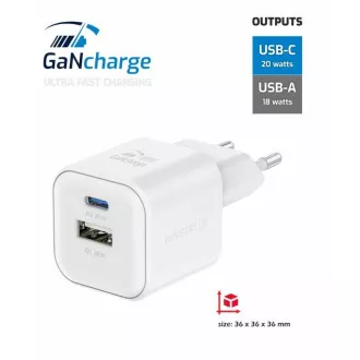 SWISSTEN MREŽNI ADAPTER GaN 1x USB-C 20W PD I 1x USB-A 18W QC BIJELI