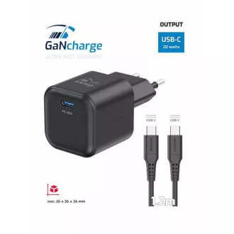 SWISSTEN MREŽNI ADAPTER GaN 1x USB-C 20W POWER DELIVERY CRNI + DATA KABEL USB-C/USB-C 1.2 M CRNI