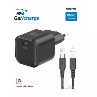 SWISSTEN MREŽNI ADAPTER GaN 1x USB-C 35W POWER DELIVERY BLACK + DATA KABEL USB-C/LIGHTNING 1.2 M BLACK