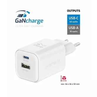 SWISSTEN MREŽNI ADAPTER GaN 1x USB-C 45W PD + 1x USB-A 18W QC BIJELI