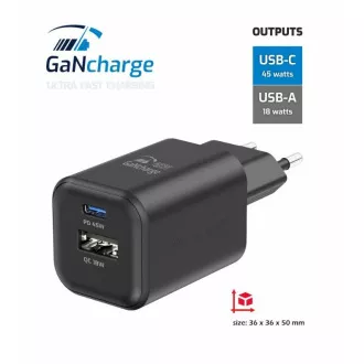 SWISSTEN MREŽNI ADAPTER GaN 1x USB-C 45W PD + 1x USB-A 18W QC CRNI