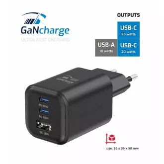 SWISSTEN MREŽNI ADAPTER GaN 2x USB-C 65W PD + 1x USB-A 18W QC CRNI