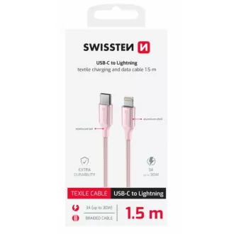 SWISSTEN PODATKOVNI KABEL TEXTILE II USB-C / LIGHTNING 1,5 M PINK