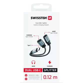 SWISSTEN AUDIO ADAPTER ZA PUNJENJE TEKSTILNI USB-C (muški) / 2x USB-C (ženski) 0,12 M CRNI