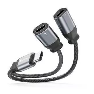 SWISSTEN AUDIO ADAPTER ZA PUNJENJE TEKSTILNI USB-C (muški) / 2x USB-C (ženski) 0,12 M CRNI