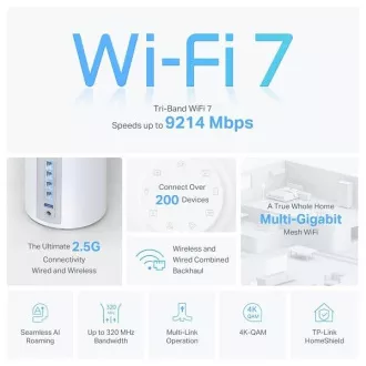 TP-Link Deco BE65(1-pack) BE9300 Tropojasni Mesh WiFi 7 sustav za cijeli dom, 4x 2.5GLAN, USB, 2.4/5/6GHz, HomeShi
