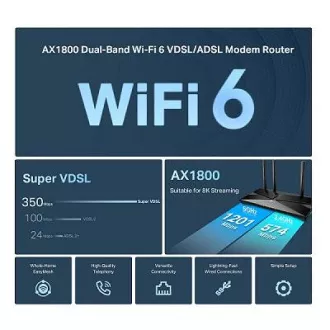 TP-Link Archer VX1800V - AX1800 Wi-Fi 6 VDSL/ADSL modem i usmjerivač, USB 2.0 za 3G/4G i medije, RJ-11 za VoIP telefon, Eas