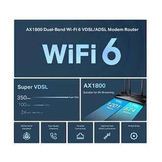 TP-Link Archer VX1800V - AX1800 Wi-Fi 6 VDSL/ADSL modem i usmjerivač, USB 2.0 za 3G/4G i medije, RJ-11 za VoIP telefon, Eas