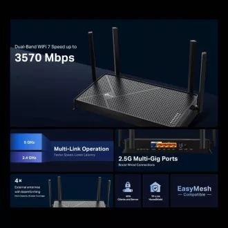 TP-Link Archer BE230 - BE3600 Wi-Fi 7 router, 1x2.5G WAN, 1x2.5G LAN, 3xGLAN, USB 3.0, HomeShield, EasyMesh