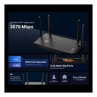 TP-Link Archer BE230 - BE3600 Wi-Fi 7 router, 1x2.5G WAN, 1x2.5G LAN, 3xGLAN, USB 3.0, HomeShield, EasyMesh