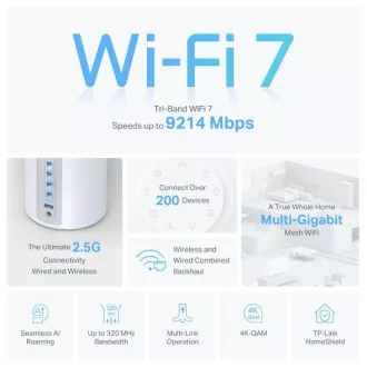 TP-Link Deco BE65(3-pack) BE9300 Tropojasni Mesh WiFi 7 sustav za cijeli dom, 4x 2.5GLAN, USB, 2.4/5/6GHz, HomeShi