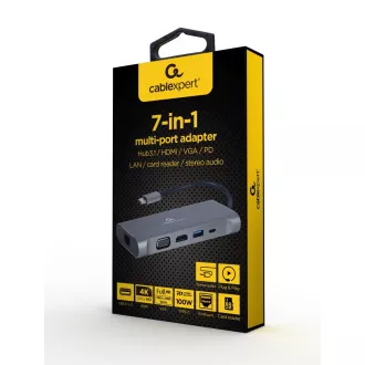Gembird USB-C 7u1 multiport USB 3.0 + HDMI + VGA + PD + čitač kartica + stereo audio Gembird USB-C 7u1 multiport USB 3.0 + HDMI + VGA + PD + čitač kartica + stereo audio
