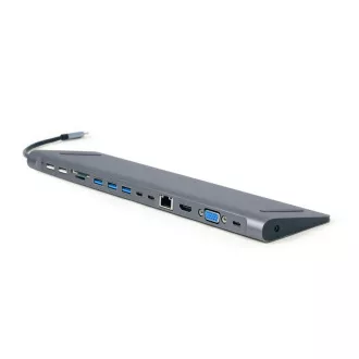 Gembird USB-C 9u1 multiport USB + HDMI + VGA + PD + čitač kartica + LAN + audio