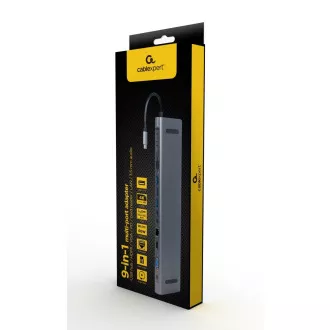 Gembird USB-C 9u1 multiport USB + HDMI + VGA + PD + čitač kartica + LAN + audio