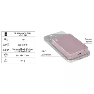 EMOS POWERBANK WI1046, bežično punjenje 20W, 10.000mAh, BOJA OD LOSOSA, 1xUSB-C