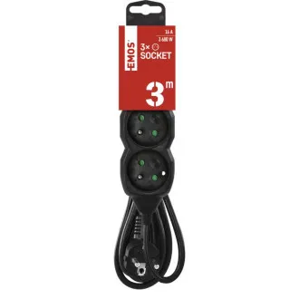 EMOS produžni kabel s 3 kontakta/3 m, crni, 1,5 mm EMOS produžni kabel s 3 kontakta/3 m, crni, 1,5 mm