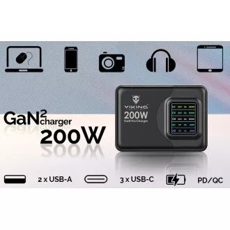 Viking USB GaN punjač 200W PD PRO/adapter za napajanje/Izlaz: 3xUSB-C, 2xUSB-A/Brzo punjenje/