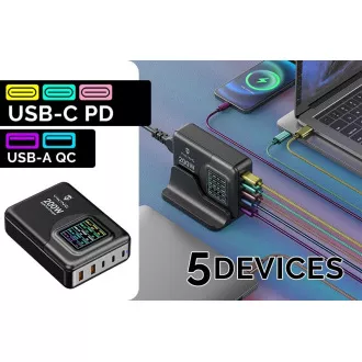 Viking USB GaN punjač 200W PD PRO/adapter za napajanje/Izlaz: 3xUSB-C, 2xUSB-A/Brzo punjenje/