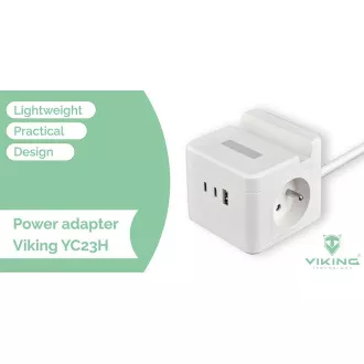 VIKING YC23H adapter za napajanje, crni/Izlaz: 2xAC, 1xUSB-A, 2xUSB-C/držač za mobitel/LED svjetlo/kabel od 1,4 m