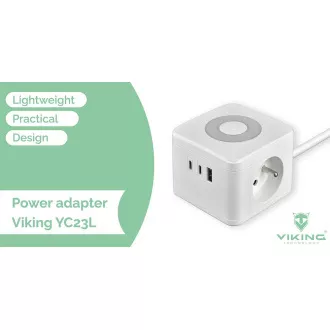 VIKING YC23L adapter za napajanje, bijeli/Izlaz: 2xAC, 1xUSB-A, 2xUSB-C/svjetlo na dodir/kabel od 1,4 m