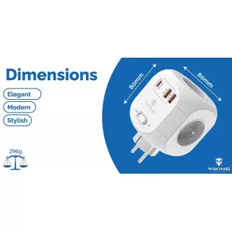 Viking AC43 adapter za napajanje/Izlaz: 4xAC, 2xUSB-A, 1xUSB-C/snaga do 3500W/tipka UKLJUČENO/ISKLJUČENO
