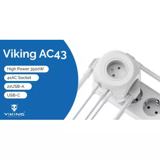 Viking AC43 adapter za napajanje/Izlaz: 4xAC, 2xUSB-A, 1xUSB-C/snaga do 3500W/tipka UKLJUČENO/ISKLJUČENO