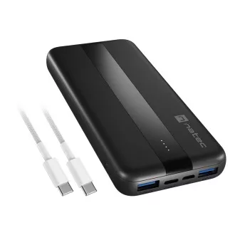 Power bank Natec TREVI SLIM Q V2 10000mAh, 2X USB-A 18W, 1X USB-C 20W, USB-C - USB0-C kabel, crna