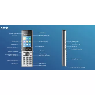 Grandstream DP730 IP telefon, 2,4" trakasti zaslon, 2SIP račun, video, BT, Micro USB, HAC, Pritisni za razgovor