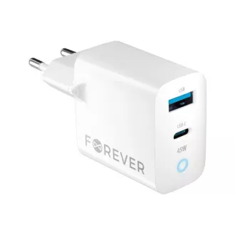 Brzi punjač Forever GaN TC-06-45AC GaN PD QC 1x USB-C 1x USB 45W bijeli Brzi punjač Forever GaN TC-06-45AC GaN PD QC 1x USB-C 1x USB 45W bijeli