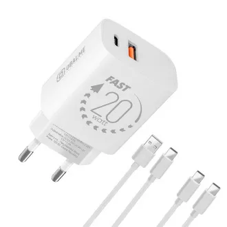 OBAL:ME Putni punjač USB-A + USB-C 20W + 2x kabel 1m Bijeli