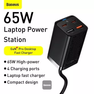 Baseus brzi punjač za mrežu GaN3 Pro, 2x USB-C, 2x USB 65W crni