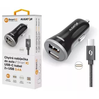 ALIGATOR Pametni auto punjač 3.4A, 2xUSB, smart IC, crni, USB-C kabel