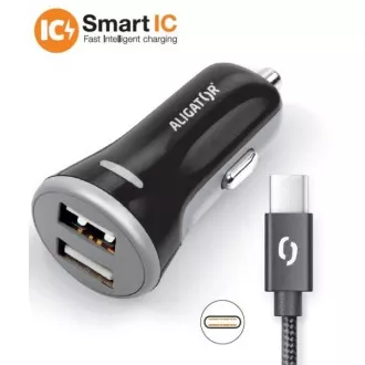 ALIGATOR Pametni auto punjač 3.4A, 2xUSB, smart IC, crni, USB-C kabel