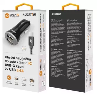 ALIGATOR Pametni auto punjač 3.4A, 2xUSB, smart IC, crni, USB-C kabel