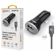 ALIGATOR Pametni auto punjač 3.4A, 2xUSB, smart IC, crni, USB-C kabel
