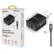 Pametni mrežni punjač ALIGATOR 3.4A, 2xUSB, smart IC, crni, kabel za iPhone/iPad 2A