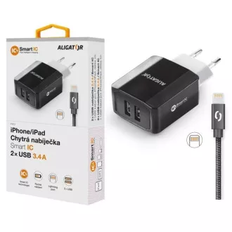 Pametni mrežni punjač ALIGATOR 3.4A, 2xUSB, smart IC, crni, kabel za iPhone/iPad 2A