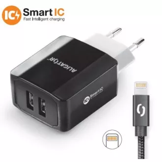 Pametni mrežni punjač ALIGATOR 3.4A, 2xUSB, smart IC, crni, kabel za iPhone/iPad 2A