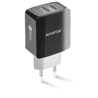 Pametni mrežni punjač ALIGATOR 3.4A, 2xUSB, smart IC, crni, kabel za iPhone/iPad 2A