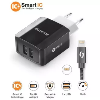 Pametni mrežni punjač ALIGATOR 3.4A, 2xUSB, smart IC, crni, kabel za iPhone/iPad 2A
