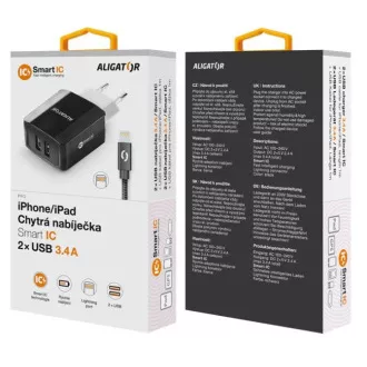 Pametni mrežni punjač ALIGATOR 3.4A, 2xUSB, smart IC, crni, kabel za iPhone/iPad 2A
