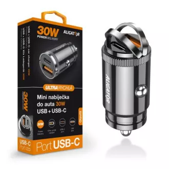 Aligator mini auto punjač Power Delivery 30W, USB-C + USB-A