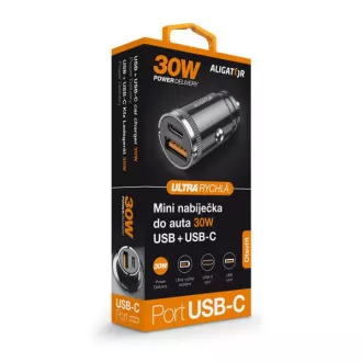Aligator mini auto punjač Power Delivery 30W, USB-C + USB-A