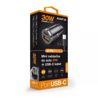 Aligator mini auto punjač Power Delivery 30W, USB-C + USB-A, USB-C/USB-C kabel