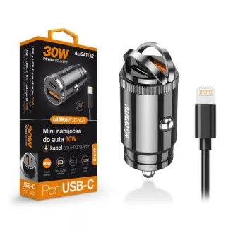 Aligator mini auto punjač Power Delivery 30W, USB-C + USB-A, USB-C kabel za iPhone/iPad