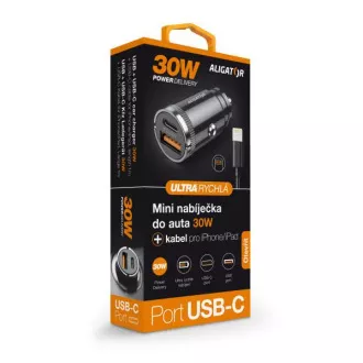 Aligator mini auto punjač Power Delivery 30W, USB-C + USB-A, USB-C kabel za iPhone/iPad