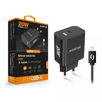 Pametni mrežni punjač ALIGATOR Power Delivery 20W, USB-C kabel za iPhone/iPad, crni