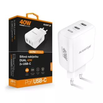 Pametni mrežni punjač ALIGATOR Power Delivery 40W, 2xUSB-C, bijeli